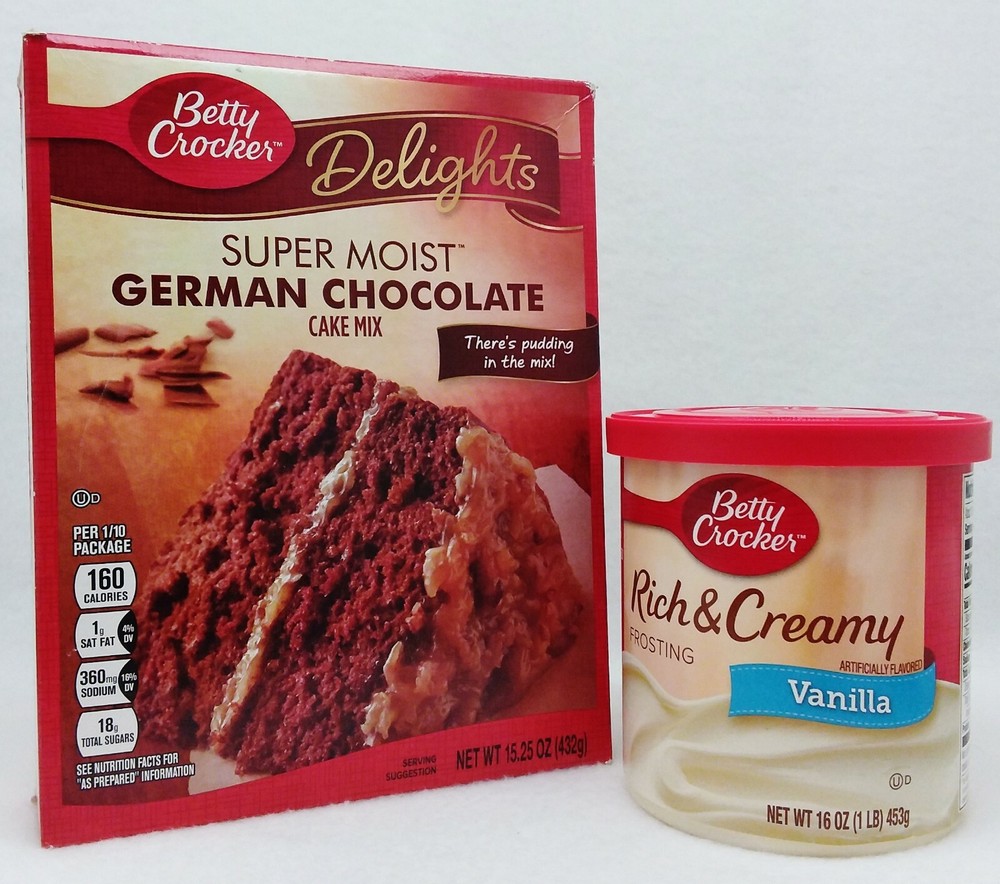 Betty Crocker Super Moist GERMAN CHOCOLATE Cake Mix, VANILLA Creamy Frosting Set