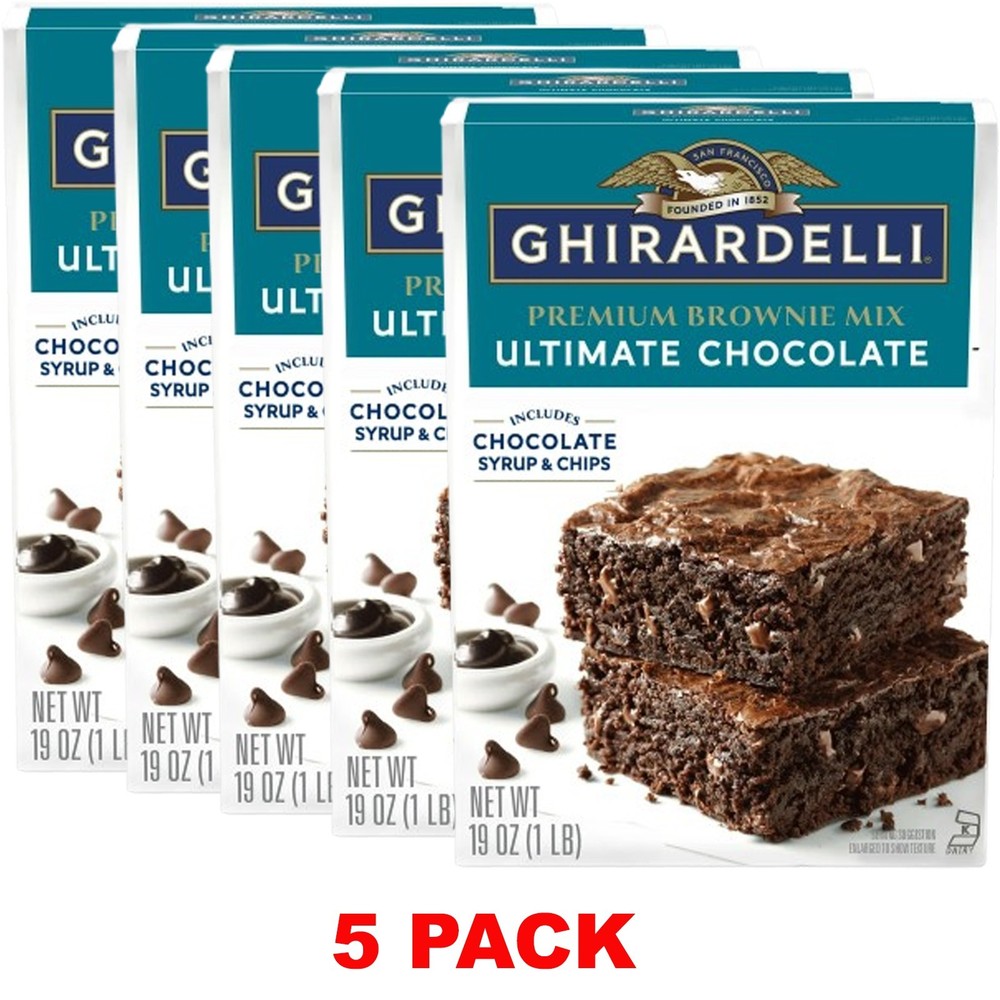GHIRARDELLI PREMIUM ULTIMATE CHOCOLATE CHIPS SYRUP BROWNIE MIX 19 oz Box –5 PACK
