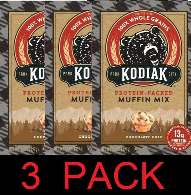 KODIAK Chocolate Chip Muffin Mix Protein Packed Whole Grains 14 oz Box – 3 PACK